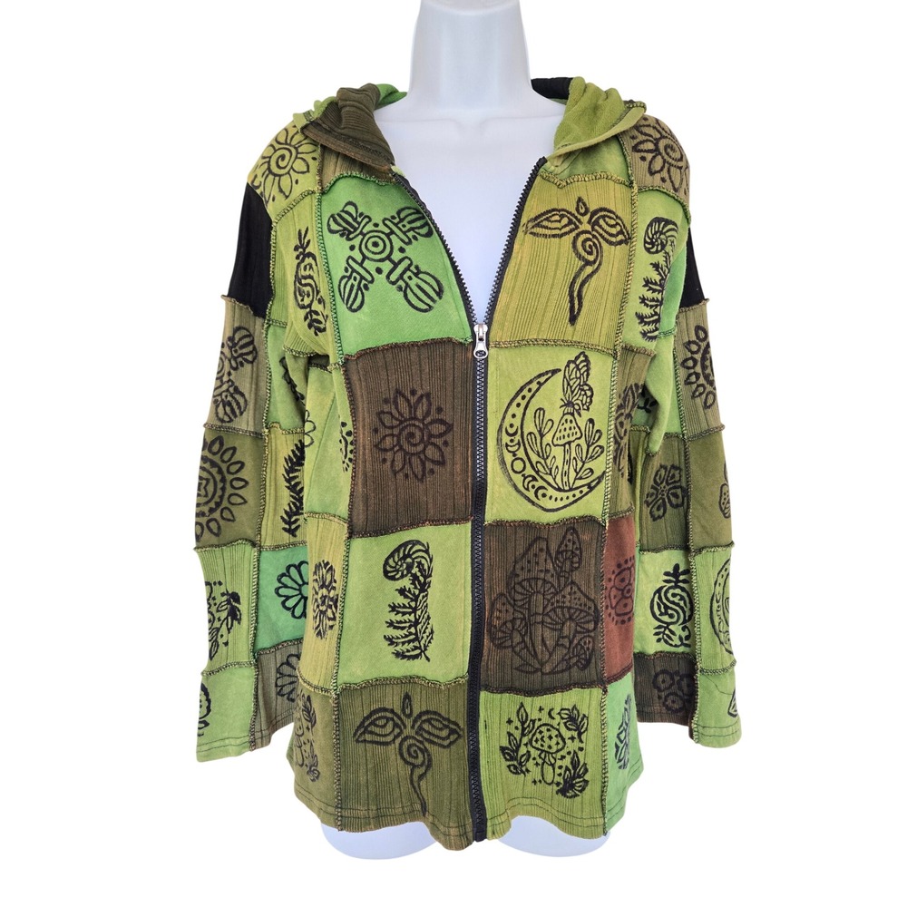 Earthbound Green Patchwork Hooded Zip-up Sweater S Boho Hippie Grunge Whimsigoth